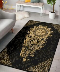 Viking Rune Fenrir Wolf Head Area Rug For Viking Style Room Decor