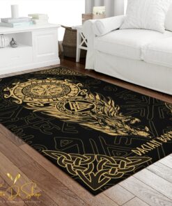 Viking Rune Fenrir Wolf Head Area Rug For Viking Style Room Decor