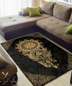 Viking Rune Fenrir Wolf Head Area Rug For Viking Style Room Decor