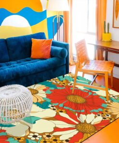 Red Orange Turquoise Brown Retro Floral Pattern 70s Area Rug