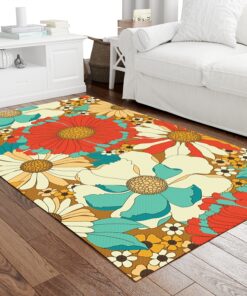 Red Orange Turquoise Brown Retro Floral Pattern 70s Area Rug