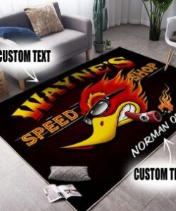 personalized Speed Shop Hot Rod Woodpecker Garage Area Rug