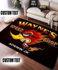 personalized Speed Shop Hot Rod Woodpecker Garage Area Rug
