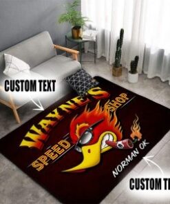 personalized Speed Shop Hot Rod Woodpecker Garage Area Rug