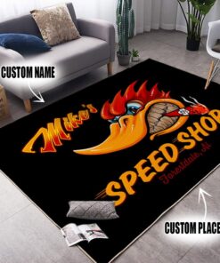 Personalized Old School Hot Rod Woodpecker Mr. Horsepower Garage Rugs