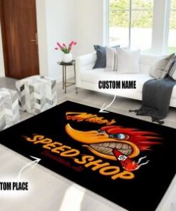 Personalized Old School Hot Rod Woodpecker Mr. Horsepower Garage Rugs