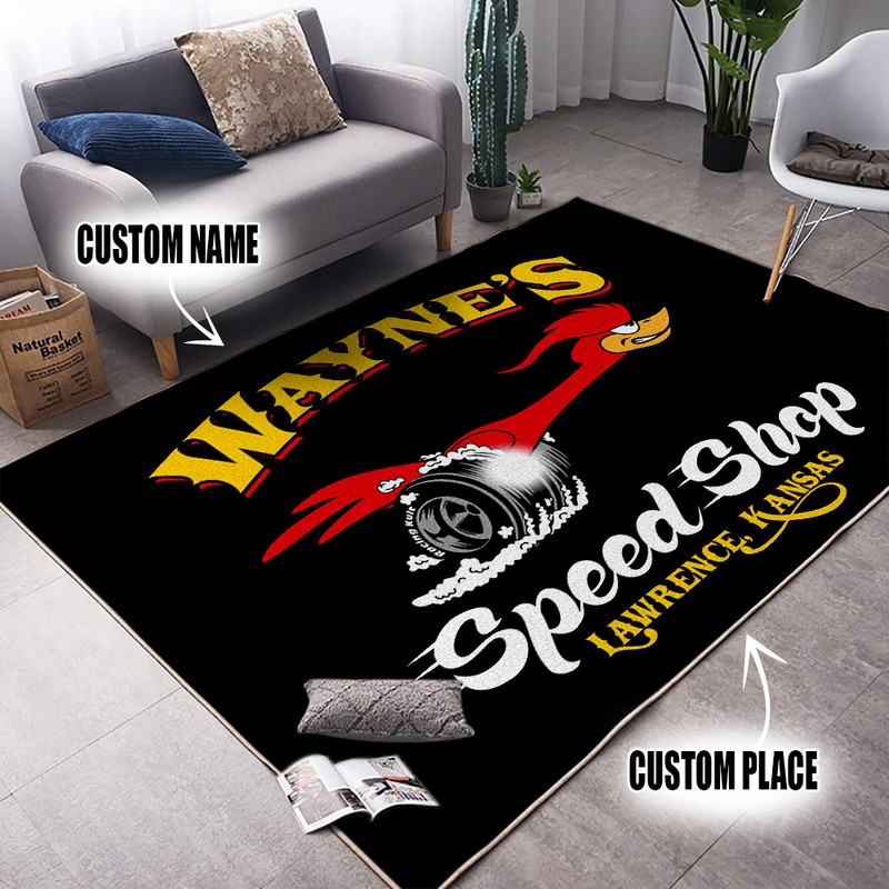 Personalized Speed Bird Hot Rod Garage Rug Bluefink