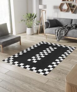Funky Black And White Checkered Border 70s Area Rug