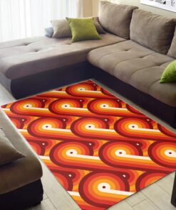 Disco Circles Geometric Orange Pattern Printed on Vintage 70s Style Area Rug