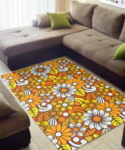 Area Rug With Retro 70s Flower Pattern Printed Art