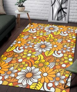 Area Rug With Retro 70s Flower Pattern Printed Art