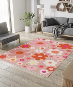 Retro 70s Flower Pattern Peach And Orange Year 2000 Rug