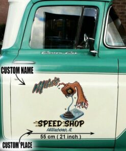 2 Pcs Personalized Hot Rod Garage Speed Shop Kustom Kultrure Old School Truck Door Decals