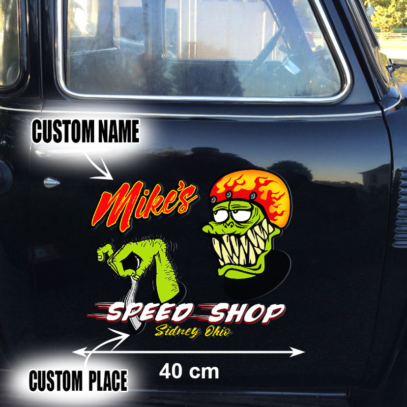 2 Pcs Personalized Hot Rod Garage,Speed Shop Kustom Kultrure Old School Vinyl Stickers