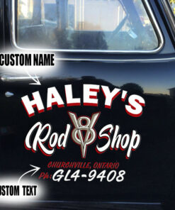 2 Pcs Personalized Pinstripe Hot Rod Garage, V8 Rod Shop Vinyl Stickers