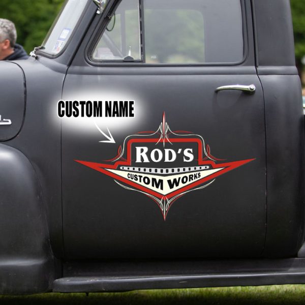 2 Pcs Personalized Hot Rod Custom Works Garage Pinstripe Vinyl Stickers