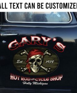 2 Pcs Personalized Hot Rod And Cycle Shop Pirate Skull Old School Garage Vinyl Stickers