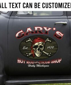 2 Pcs Personalized Hot Rod And Cycle Shop Pirate Skull Old School Garage Vinyl Stickers