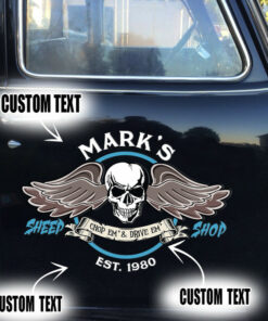 2 Pcs Personalized Skull Hot Rod Garage Speed Shop Vinyl Stickers