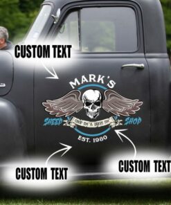 2 Pcs Personalized Skull Hot Rod Garage Speed Shop Vinyl Stickers