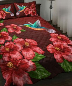 Colorful Hibiscus Flower Hummingbird Quilt Bedding Set