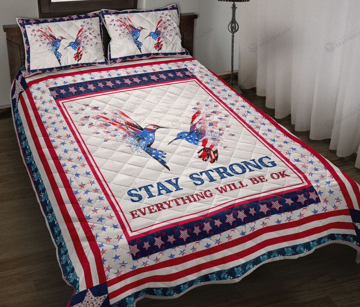Stay Strong Everything Will Be Ok Hummingbird American Flag Quilt Bed Set