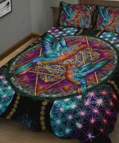 Colorful Hummingbird Couple Quilt Bed Set