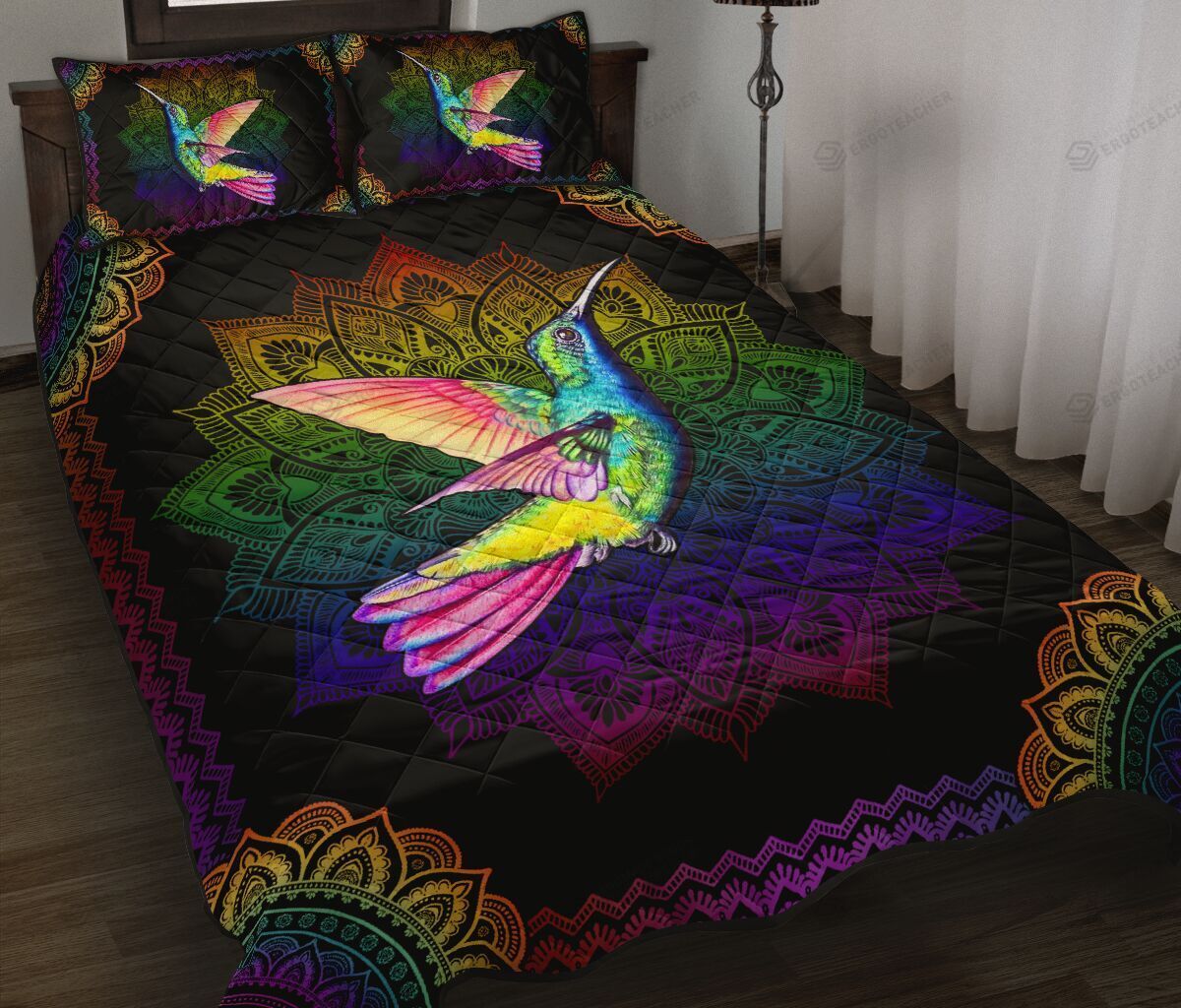 Colorful Mandala Hummingbird Quilt Bed Set