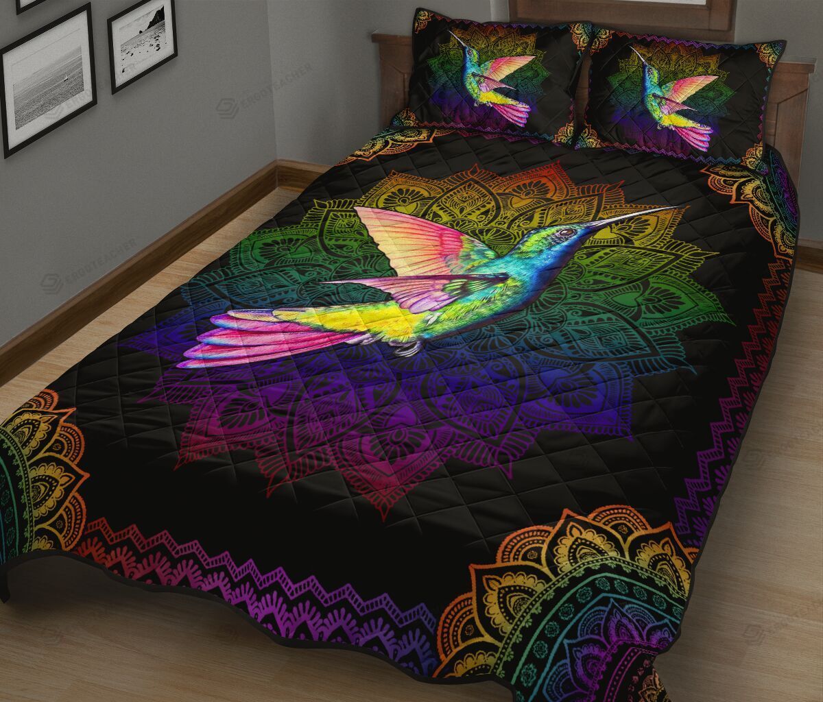 Colorful Mandala Hummingbird Quilt Bed Set