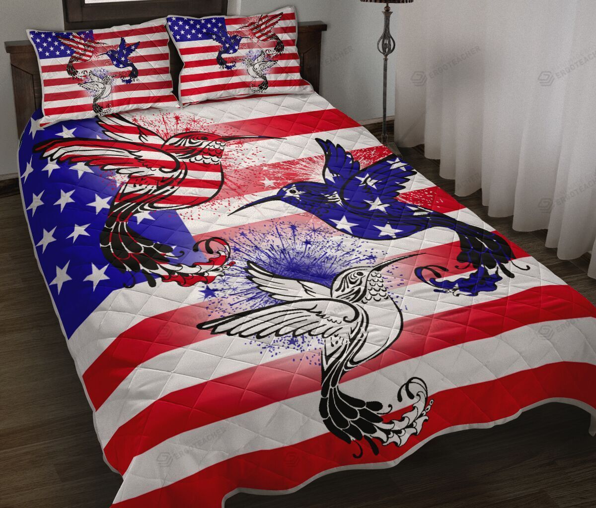 Hummingbird USA Flag Quilt Bedding Set