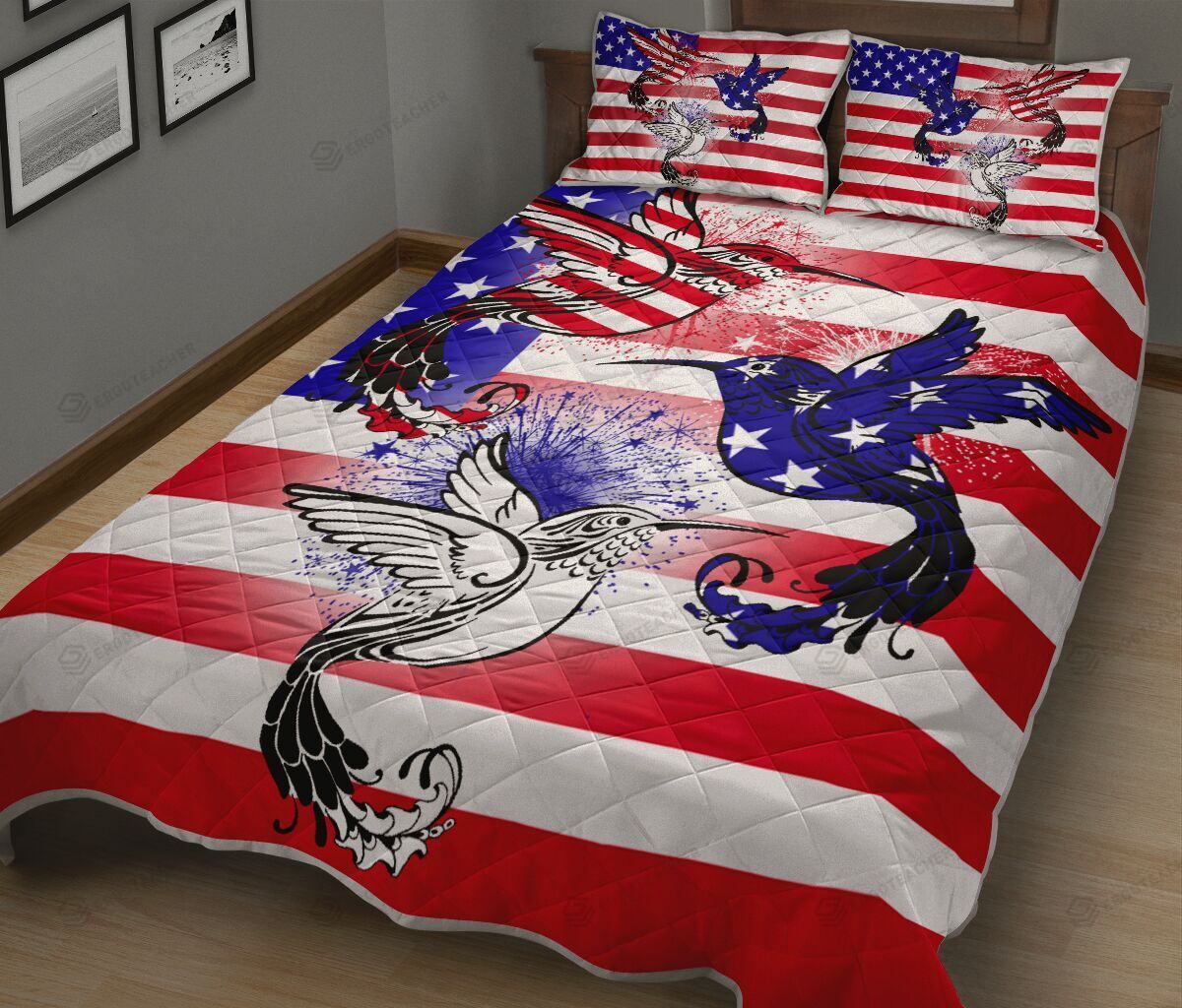 Hummingbird USA Flag Quilt Bedding Set
