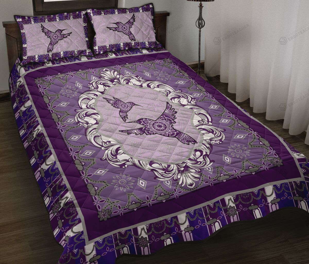 Purple Floral Hummingbird Quilt Bedding Set
