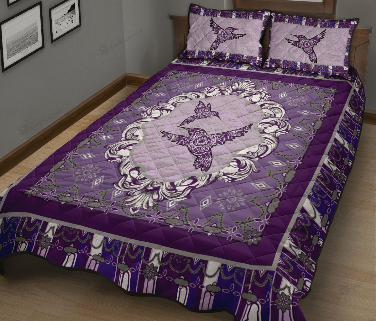 Purple Floral Hummingbird Quilt Bedding Set