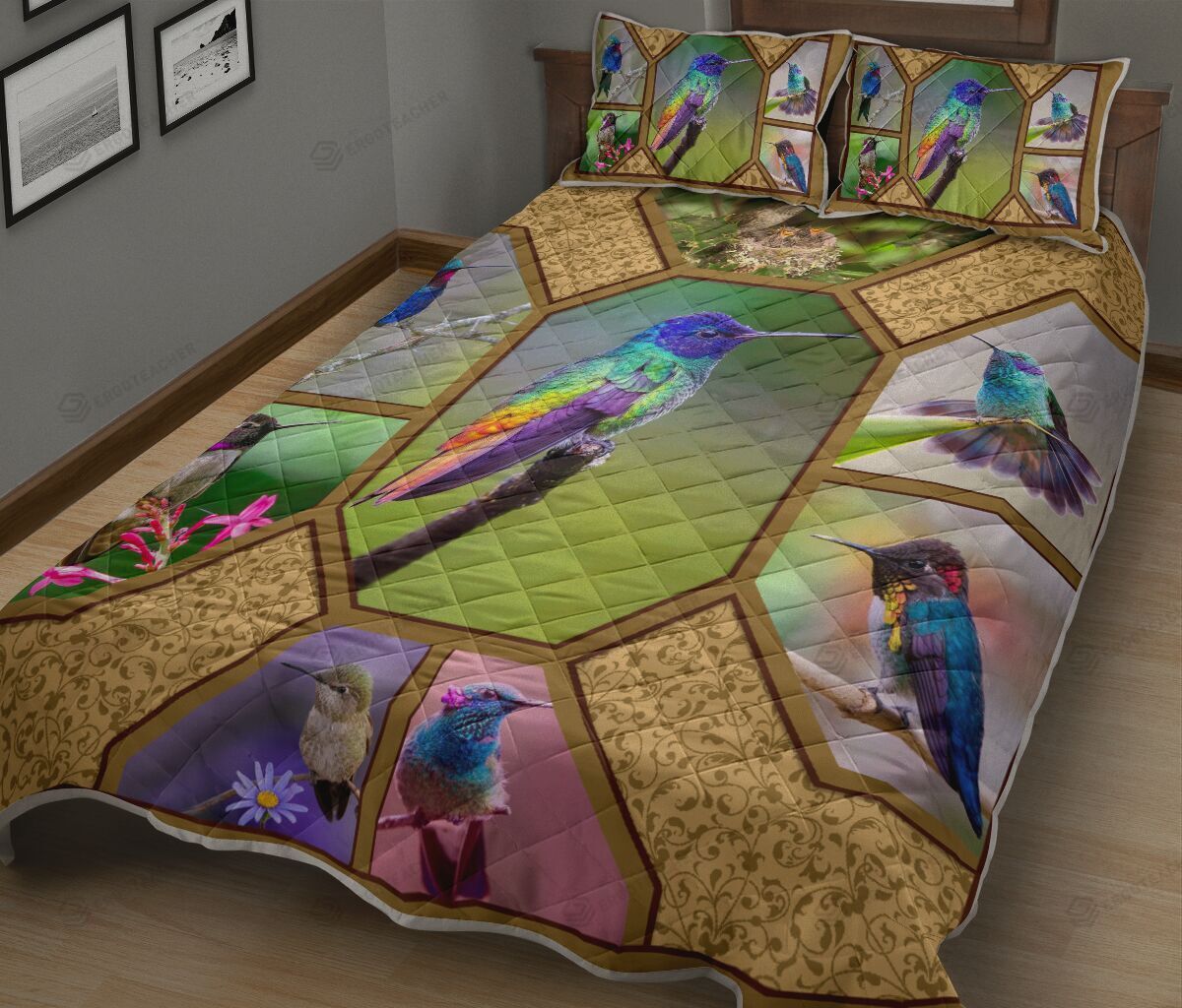 Hummingbird Nature Photo Frame Printed Quilt Bed Set
