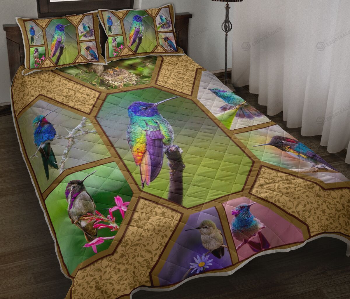 Hummingbird Nature Photo Frame Printed Quilt Bed Set