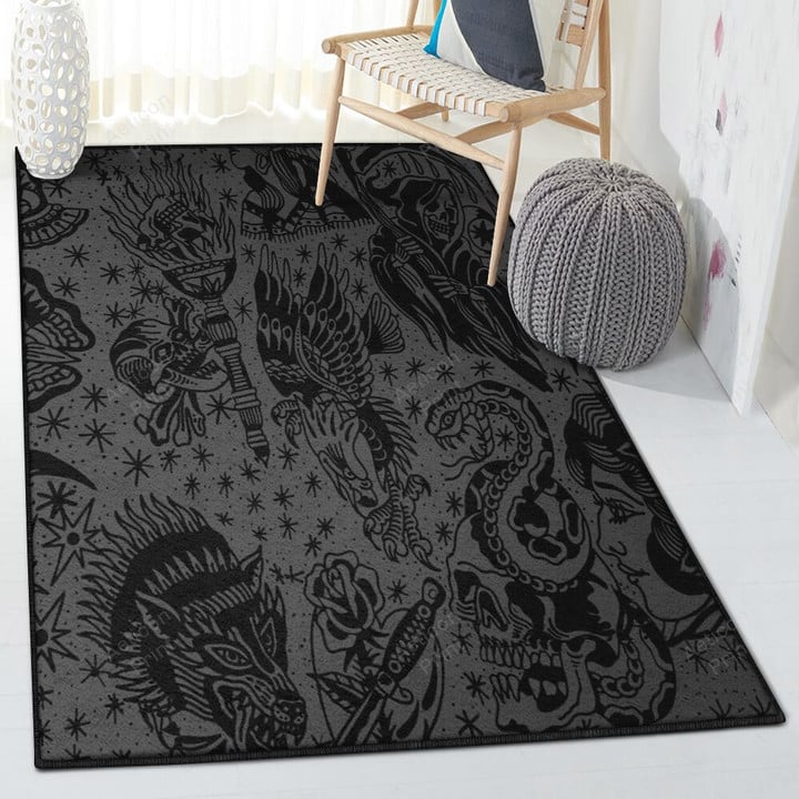 Tattoo Washable Rugs Piece Dark Tattoo Flash Rug Rectangle Rugs Washable Area Rug Non-Slip Carpet For Living Room Bedroom
