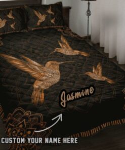 Personalized Name Vintage Mandala Hummingbird Quilt Bedding Set