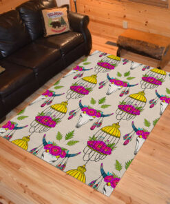 Personalized Cow Skull And Bird Cage Native American Area Rugs
