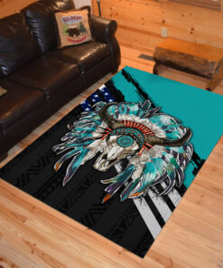 Personalized Green Gemstone Skull With Western Headdress Native American Area Rugs