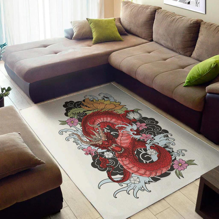 Red Japanese Dragon Tattoo Pattern Background Print Area Rug