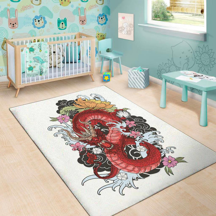 Red Japanese Dragon Tattoo Pattern Background Print Area Rug