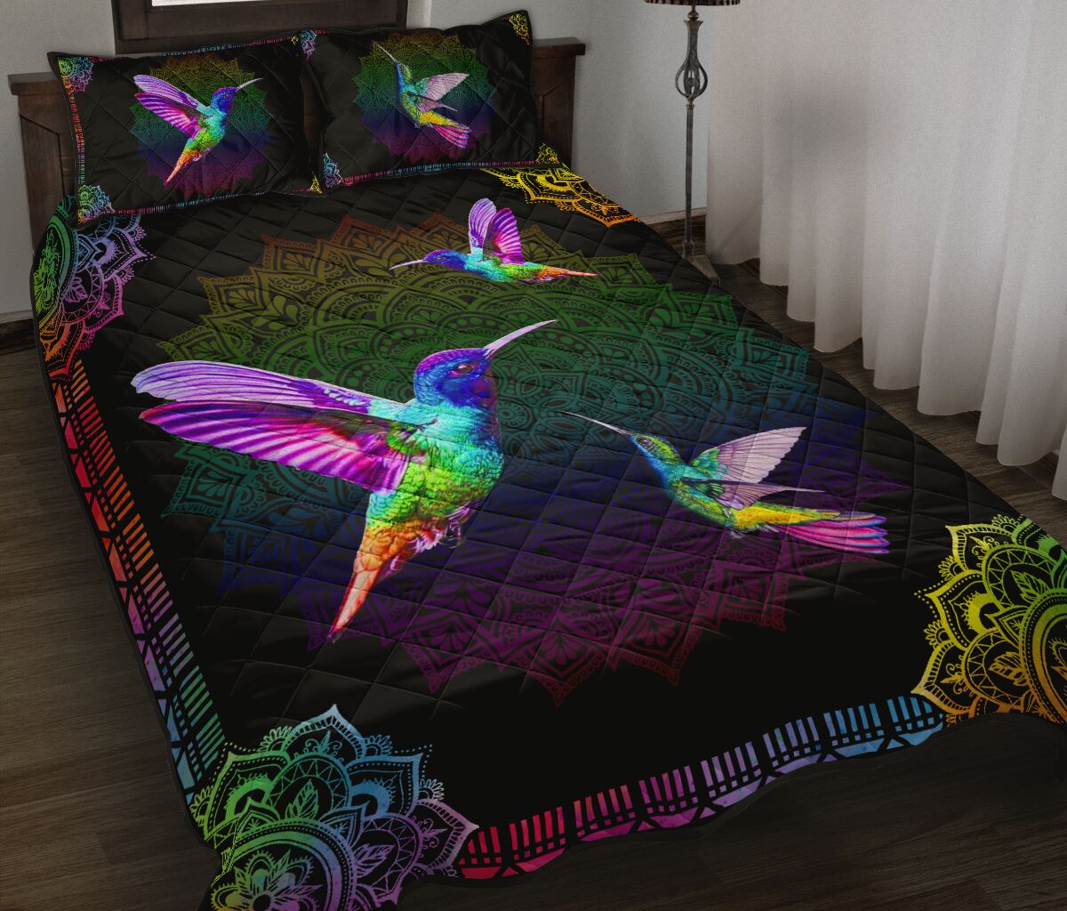 Rainbow Mandala Hummingbird Quilt Bedding Set