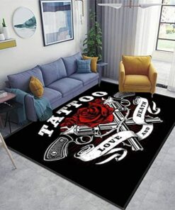 Pad Guns and Roses Tattoo Design Black and White with Revolvers Non Slip Mats Doormat Entry Rug Floor Carpet for Living Room