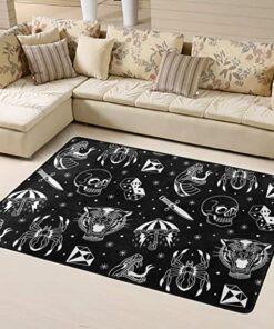 Old School Tattoo Dice Diamond Skull Tiger Snake Spider Knife Black Shag Rug Soft Carpet for Living Room Bedroom