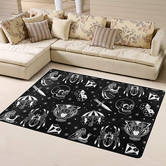Old School Tattoo Dice Diamond Skull Tiger Snake Spider Knife Black Shag Rug Soft Carpet for Living Room Bedroom