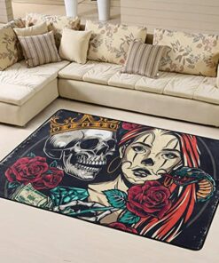 Vintage Colorful Tattoo Rose Skull Area Rug for Living Room Bedroom