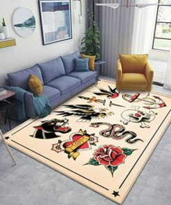 Vector Set of Old School Tattoo Designs Area Rugs Floor Mat Non Slip Carpet for Living Room