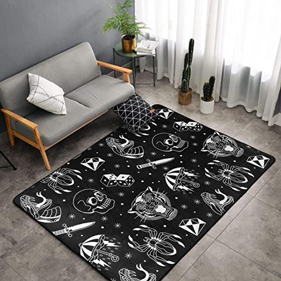 Old School Tattoo Dice Diamond Skull Tiger Snake Spider Knife Black Shag Rug Soft Carpet for Living Room Bedroom