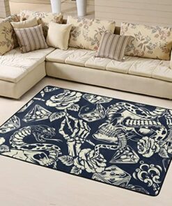 Old School Tattoo Rose Skull Snake Dice Rug Soft Anti-Skid Floor Carpet Bedroom Rug