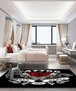 Pad Guns and Roses Tattoo Design Black and White with Revolvers Non Slip Mats Doormat Entry Rug Floor Carpet for Living Room